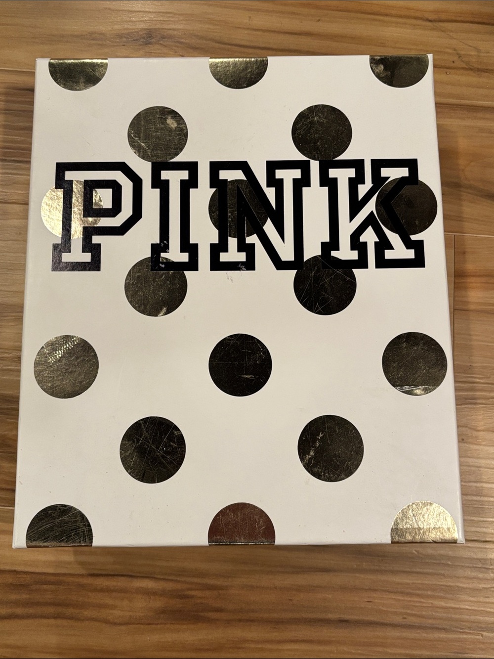 PINK Victoria's Secret White Gift Storage Box with Lid Gold Polka Dots 13x11x3